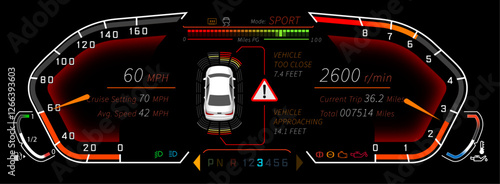 Dial Cluster template, Dial Cluster vector, dashboard template - illustrated in SPORT mode with proximity sensors - vector graphics in Adobe Illustrator format
