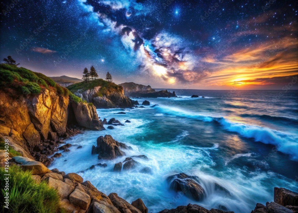 Fototapeta premium Epic panoramic night coastline photos: breathtaking ocean sunsets and dramatic seascapes.