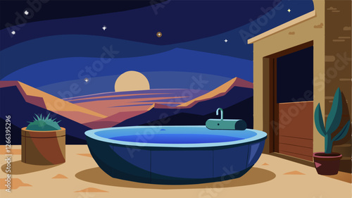 Unwind after a long day of work in the outdoor bathtub as you gaze at the starry desert skies in this adobe house.. Vector illustration