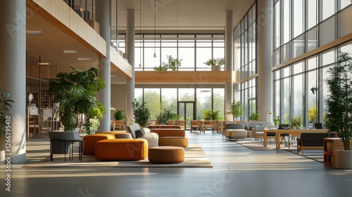 A bright, modern interior featuring spacious seating areas, large windows, and indoor plants for a refreshing atmosphere.
