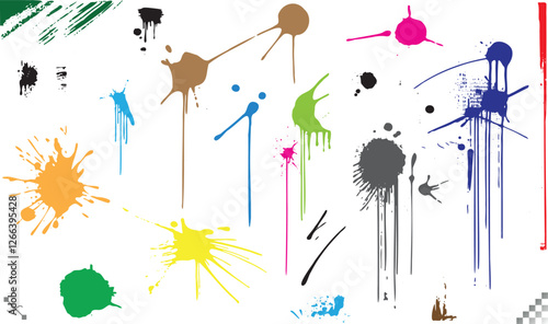 Vivid ink splashes, drips, and splatters in a grunge-style composition. A chaotic, artistic explosion of color with rough edges and dynamic textures, perfect for creative designs.
