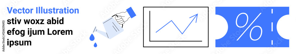 Hand pouring liquid, graph with upward trend, and coupon with percentage. Ideal for finance, growth, savings, discounts, investments, business analytics and success abstract line flat metaphor Hand pouring liquid, graph with upward trend, and coupon with percentage. Ideal for finance, growth, savings, discounts, investments, business analytics and success abstract line flat metaphor