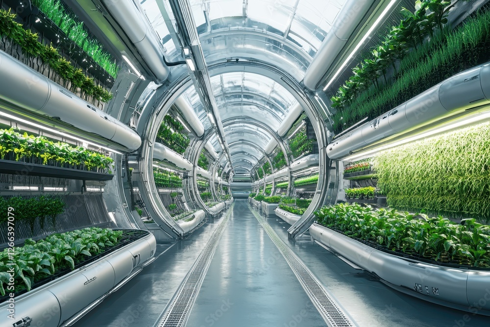 Naklejka premium Futuristic hydroponic farm in a circular tunnel, showcasing vibrant green plants. Illustrates sustainable food production, perfect for tech or agriculture concepts.