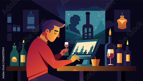 With the soft glow of candlelight as their only source of illumination a freelancer edits photos of elegant wine bottle labels in a romantic underground wine cellar.. Vector illustration