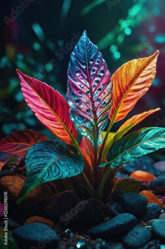A vibrant aquatic plant with colorful leaves against a dark, textured background.