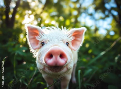 an image of a pig is standing in the grass looking at the camera, there is a small pig that is standing in the grass photo