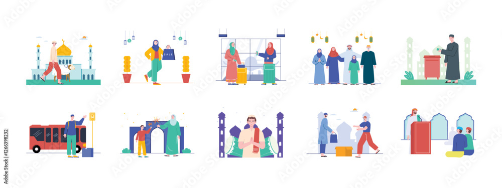 Eid set illustration. Flat vector illustration concept. Eid set illustration. Flat vector illustration concept.