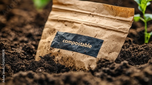 Biodegradable compostable bag in soil, eco-friendly sustainable packaging