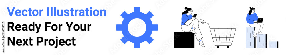 Gear cog center aligning active digital users engaged in e-commerce tasks, browsing products, mobile interaction, and content creation. Ideal for technology, innovation, shopping, teamwork Gear cog center aligning active digital users engaged in e-commerce tasks, browsing products, mobile interaction, and content creation. Ideal for technology, innovation, shopping, teamwork