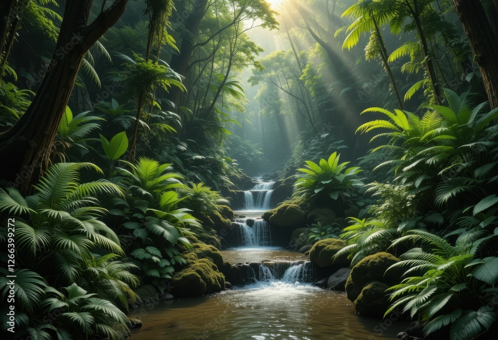 Serene jungle scene with a clear stream surrounded by dense greenery, sunlight streaming through the foliage, and a tranquil rainforest atmosphere.
Serene jungle scene with a clear stream surrounded by dense greenery, sunlight streaming through the foliage, and a tranquil rainforest atmosphere.