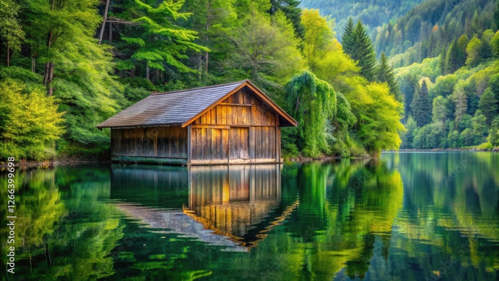 Macro Lake House: Wooden boathouse mirrors forest in tranquil reflection photography. Macro Lake House: Wooden boathouse mirrors forest in tranquil reflection photography.