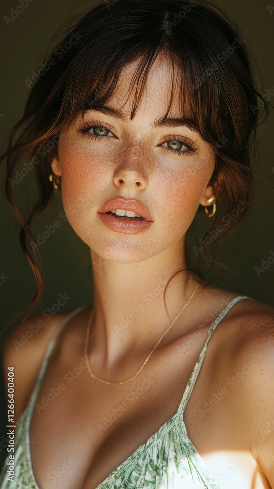 Freckled beauty with hazel eyes, gold necklace, natural lighting Generated AI