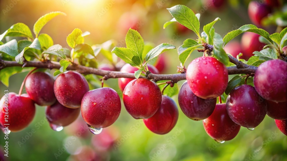 Sunlit Branch Abundantly Bearing Vibrant Red Plums, Dew-Kissed and Glistening in the Warm Orchard Light Sunlit Branch Abundantly Bearing Vibrant Red Plums, Dew-Kissed and Glistening in the Warm Orchard Light