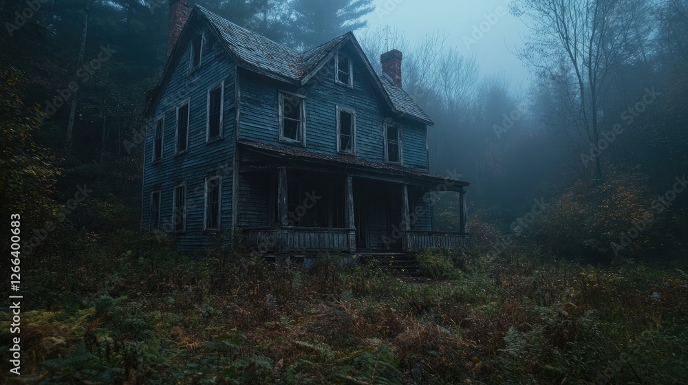 Obraz premium Ghostly old house in a forest at night (abandoned haunted house) --ar 16:9 --style raw --stylize 250 --v 6.1 Job ID: a0e67df9-a549-47f7-87bb-937627210c0b