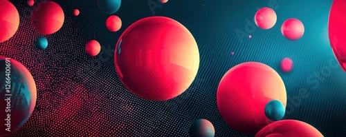 A vibrant, abstract composition featuring floating spheres in shades of red and blue against a textured background.