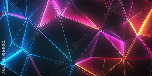 A vibrant, abstract background featuring interconnected geometric shapes illuminated by neon colors in shades of blue, pink, and purple against a dark backdrop.