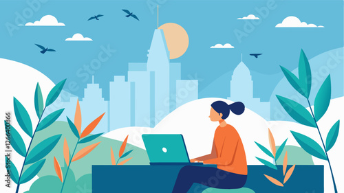 With a view of the sky above and the city below the freelancer works on a client project ast the gentle rustling of bamboo leaves and the faint chirping of birds.. Vector illustration