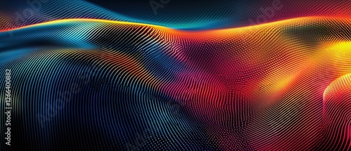 A vibrant, flowing abstract design featuring colorful waves in shades of blue, orange, and red against a dark background.
