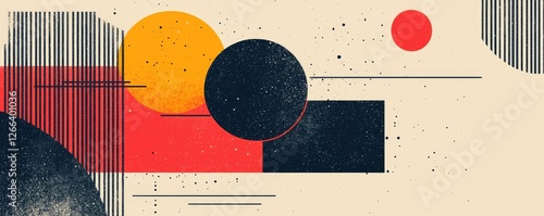 A vibrant abstract design featuring geometric shapes, including circles and rectangles, in a palette of red, yellow, and black against a light background.