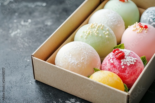 Delicious sweet colorful mochi desserts or ice cream with rice dough and toppings in a cardboard box on  with generative ai
