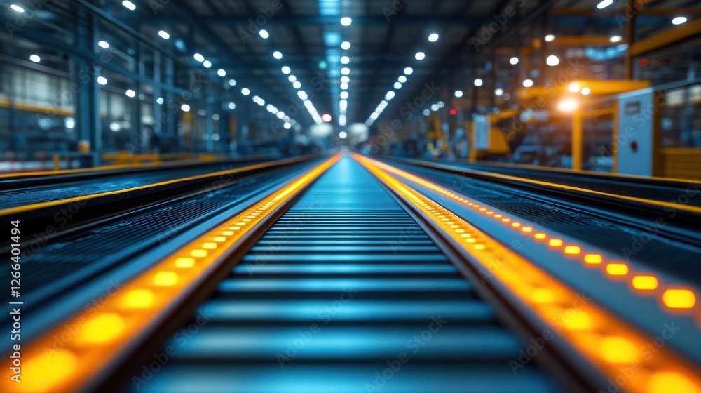 Industrial conveyor belt in a modern factory with illuminated tracks Industrial conveyor belt in a modern factory with illuminated tracks