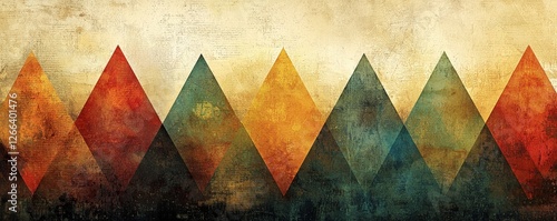 A colorful abstract pattern featuring triangular shapes in warm and cool tones, set against a textured, earthy background.
