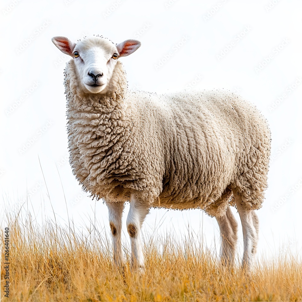 Obraz premium Wooly sheep standing amidst tall, luscious grass in a sun-drenched field