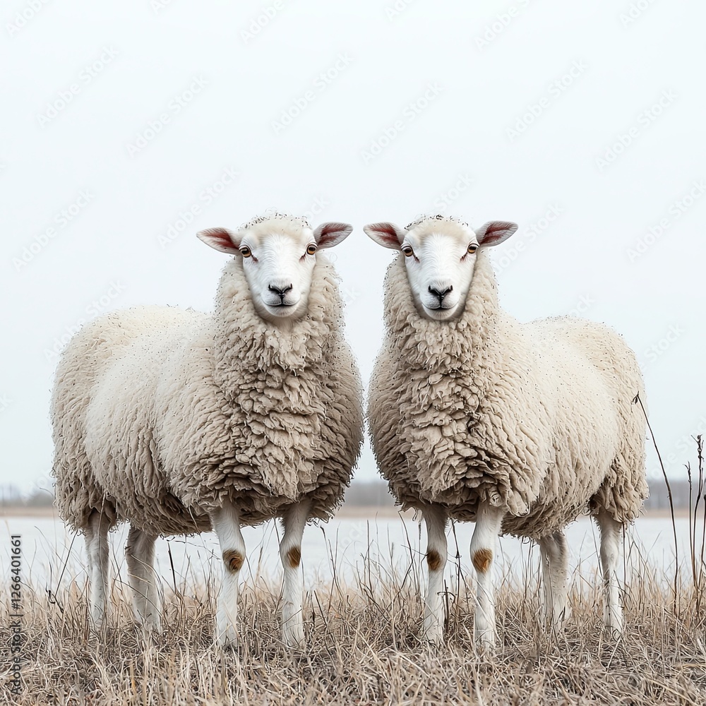 Two Charming Sheep Standing in a Field of Tall Grass Surrounded by a Picturesque Countryside Two Charming Sheep Standing in a Field of Tall Grass Surrounded by a Picturesque Countryside