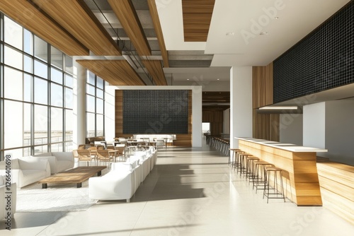 Modern open-plan cafe with wood accents, panoramic windows, and seating areas