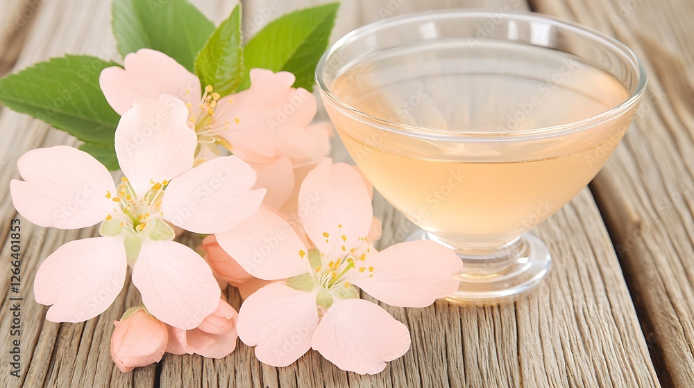 Spring blossom tea, wood table Spring blossom tea, wood table