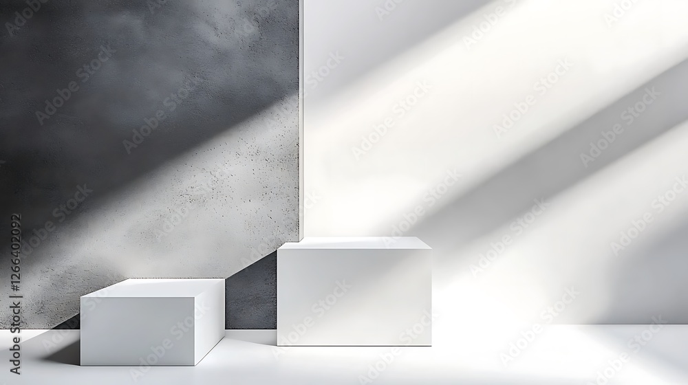 Minimalist interior showcasing geometric white blocks and contrasting wall textures with shadows Minimalist interior showcasing geometric white blocks and contrasting wall textures with shadows