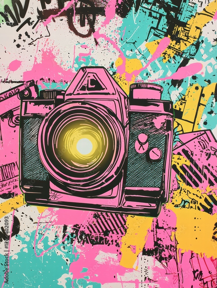 Fototapeta premium Camera Graffiti Art: An artistic and vibrant image of a camera is spray-painted with graffiti art, creating a visually engaging design. It's a fusion of technology and street art