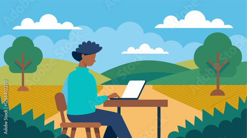 With the laptop perched on a small table the user can multitask by checking emails while taking in the beauty of the vineyard on a sunny afternoon.. Vector illustration