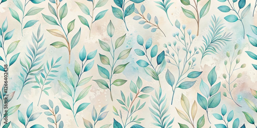 Seamless Pattern of Delicate Watercolor Botanical Illustrations Featuring an Array of Exquisitely Rendered Leaves and Branches in Soft, Tranquil Hues on a Subtle Textured Background Seamless Pattern of Delicate Watercolor Botanical Illustrations Featuring an Array of Exquisitely Rendered Leaves and Branches in Soft, Tranquil Hues on a Subtle Textured Background