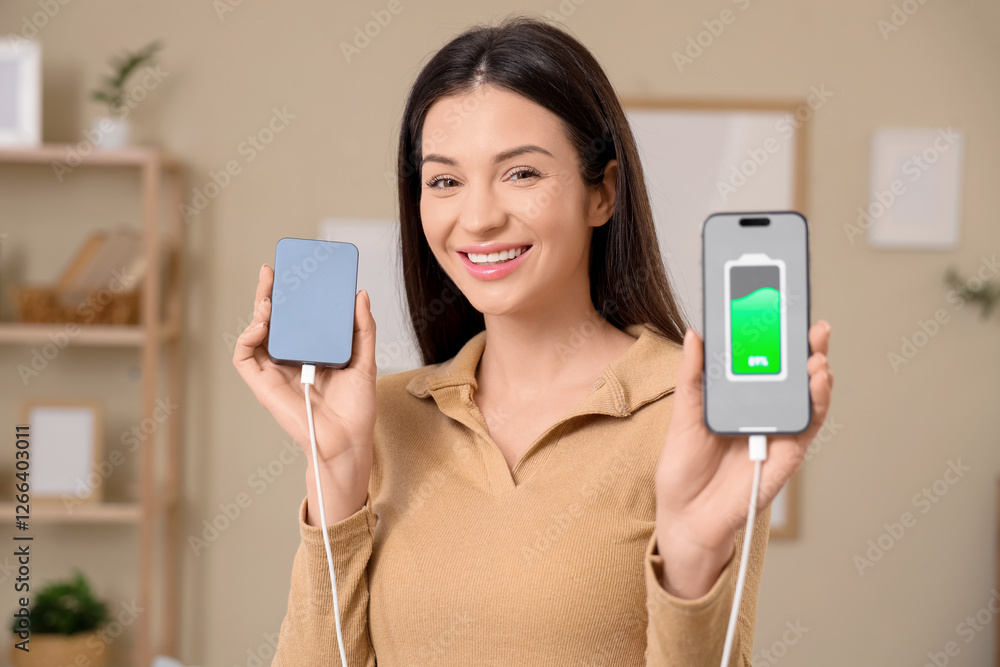 Beautiful young woman with modern power bank charging mobile phone at home Beautiful young woman with modern power bank charging mobile phone at home