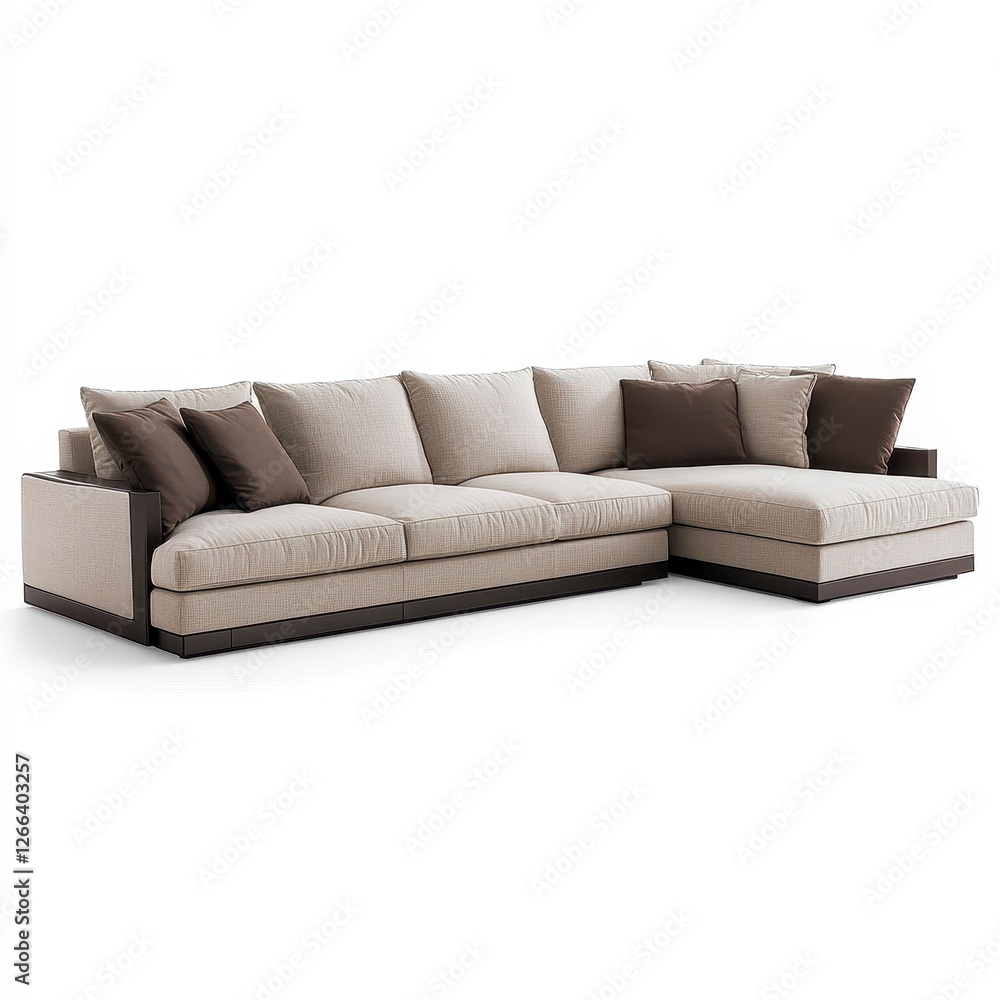 Fototapeta premium Modern Beige and Brown Sectional Sofa with Plush Cushions, Generative AI.