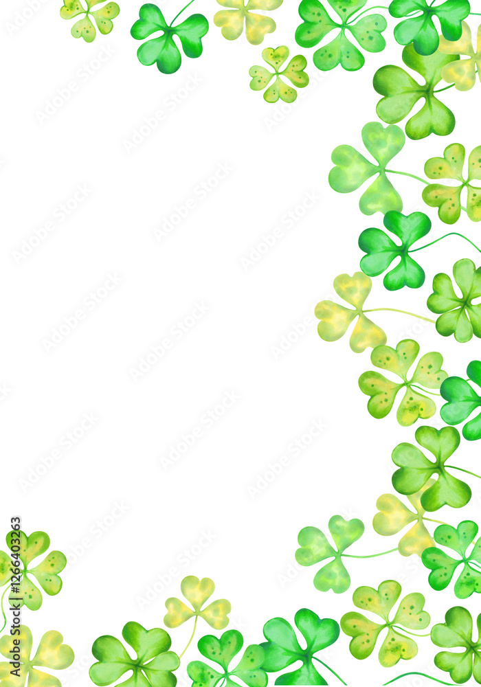 Vertical frame of shamrock, four leaf clover for St. Patrick's Day. Watercolor, marker illustration. Hand drawn isolated art. Clover talisman. Botanical background with text space, copy spaces