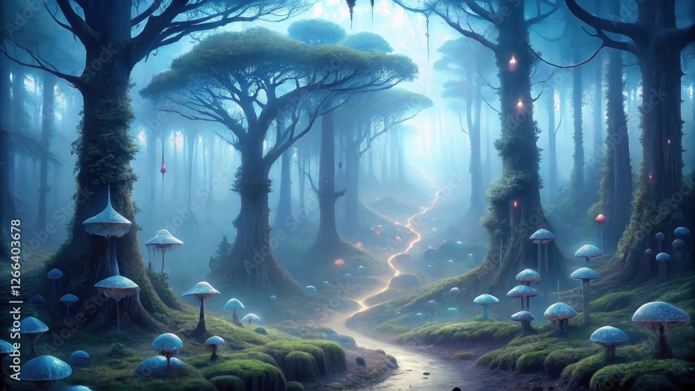 Fototapeta premium Enchanted Forest Path Luminescent Fungi and Glowing Trees Line a Mystical Stream