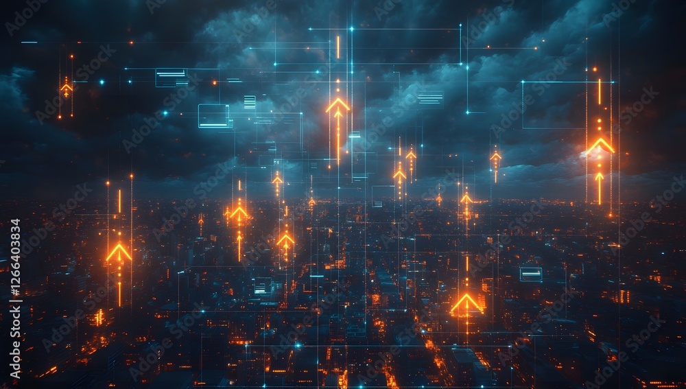 Obraz premium Night city, rising arrows, tech background, urban growth