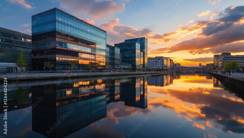 Naklejka premium Dublin City Canal Reflections Sunset Urban Skyline
