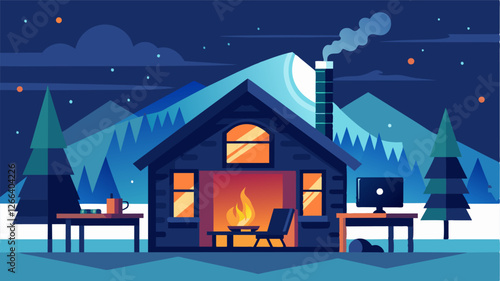 The warmth of a crackling fireplace and the sound of snow falling outside while working remotely in a secluded cabin.. Vector illustration