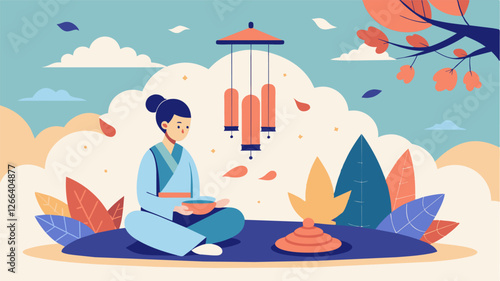 With the sound of wind chimes and the gentle rustle of leaves a freelancer finds their center in the midst of a busy day surrounded by the tranquility of a Zen garden.. Vector illustration