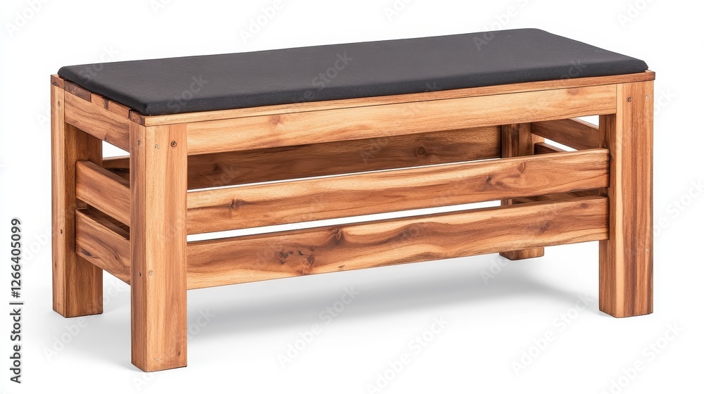 Rustic Wooden Bench with Dark Gray Cushioned Seat, Generative AI. Rustic Wooden Bench with Dark Gray Cushioned Seat, Generative AI.