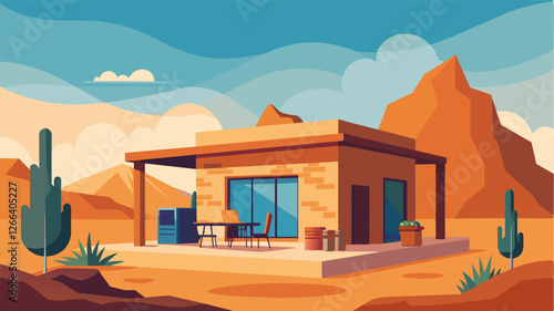 This desert adobe house boasts a spacious outdoor patio with breathtaking views of the desert landscape making it the ideal spot for an al fresco home office.. Vector illustration
