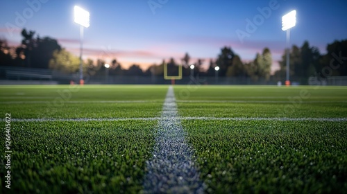 Football Field at Dusk Under Stadium Lights photo