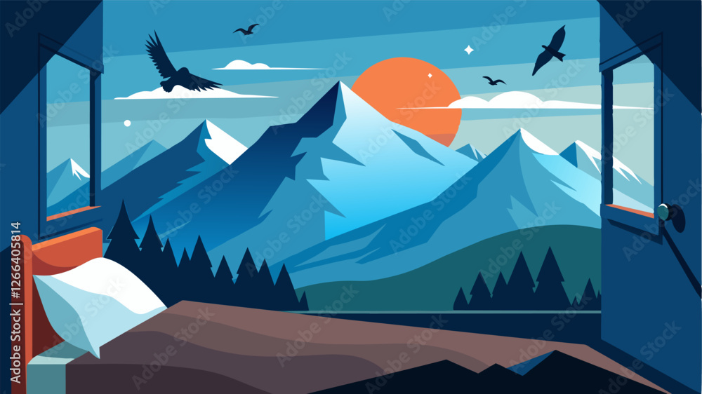 Naklejka premium Waking up to the sound of birds chirping and a stunning view of snowcapped peaks. Vector illustration