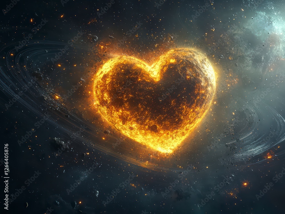 Obraz premium Celestial Heart: A fiery heart-shaped celestial body radiates in the vast expanse of space, hinting at cosmic love and universal connection.