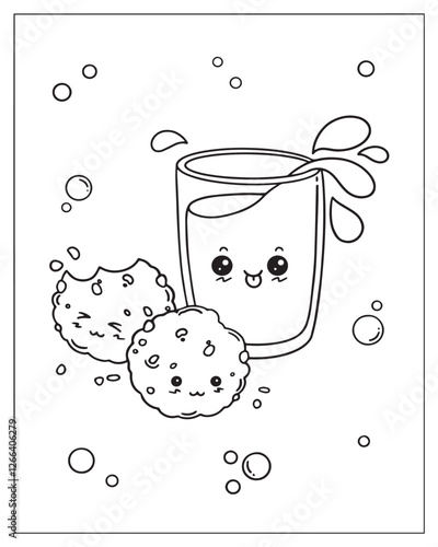 A kawaii-style coloring page featuring a smiling milk carton and cheerful cookies, with cute expressions and playful details, drawn in black and white line art for coloring.

