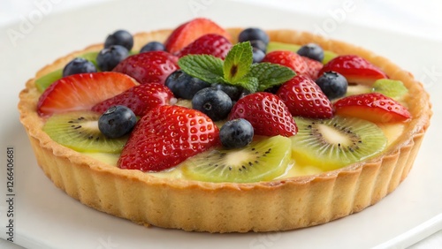 a fruit tart with fresh berries and cream on a white plate photo