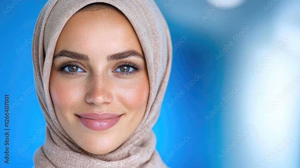 Woman in headscarf, smiling, portrait, against blurred background. Possible use Lifestyle, fashion, beauty Woman in headscarf, smiling, portrait, against blurred background. Possible use Lifestyle, fashion, beauty